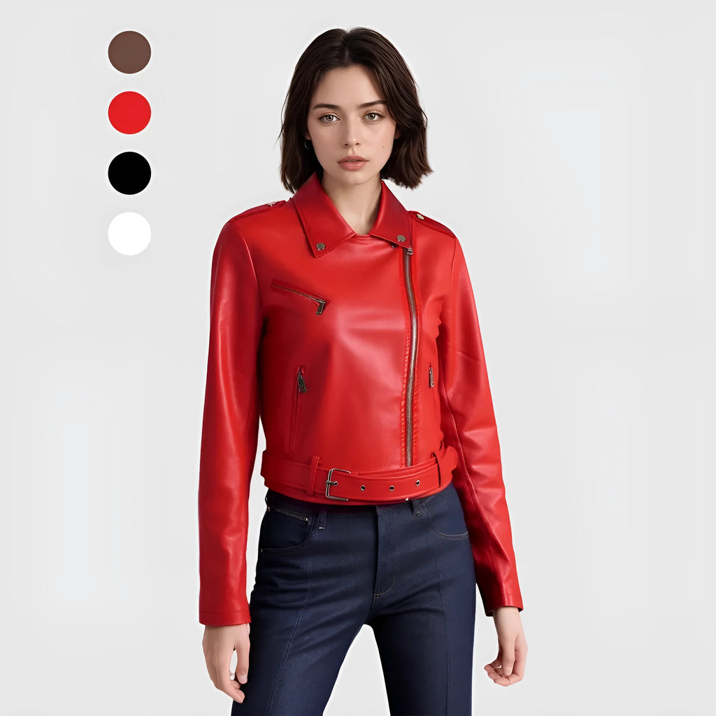 Women's red PU leather motorcycle jacket with lapel collar and a short waist belt.