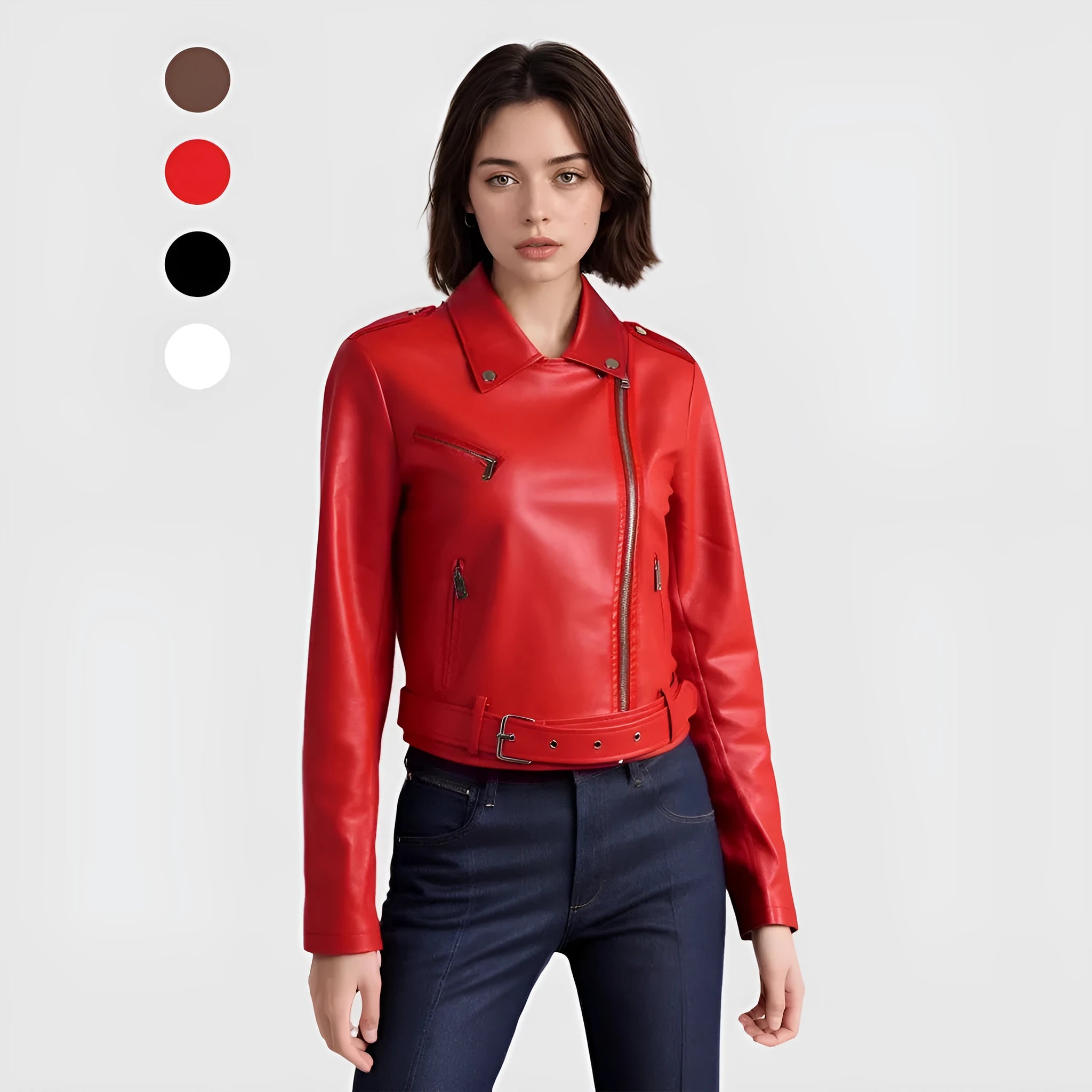 Women's red PU leather motorcycle jacket with lapel collar and a short waist belt.