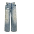 Ice Blue splash ink distressed straight leg cotton denim jeans with zip fly