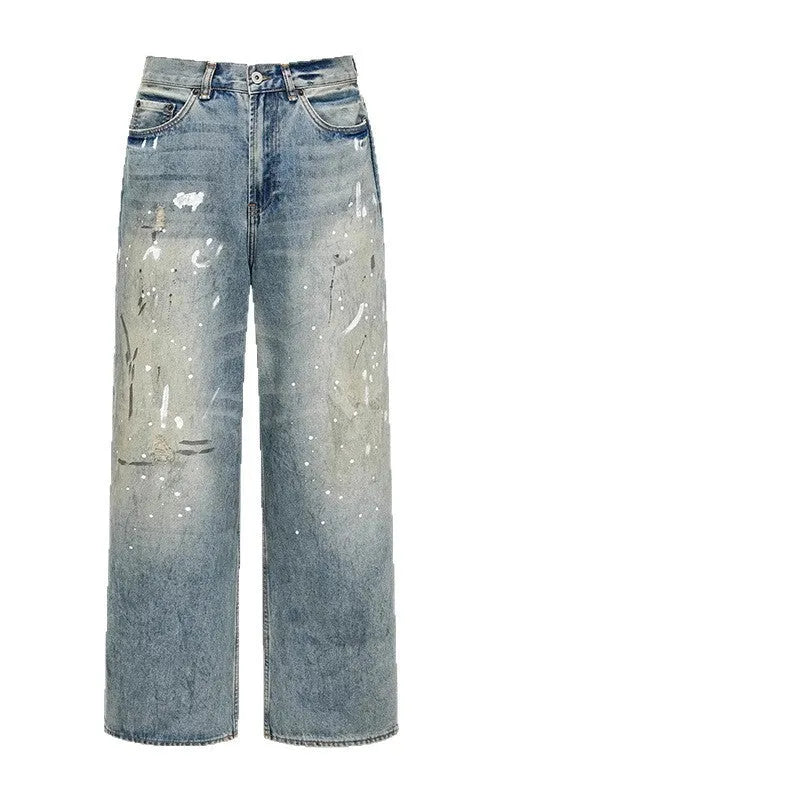 Ice Blue splash ink distressed straight leg cotton denim jeans with zip fly