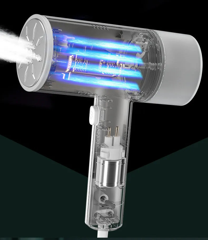 White hand-held hanging garment steamer with separate water tank and stainless steel panel