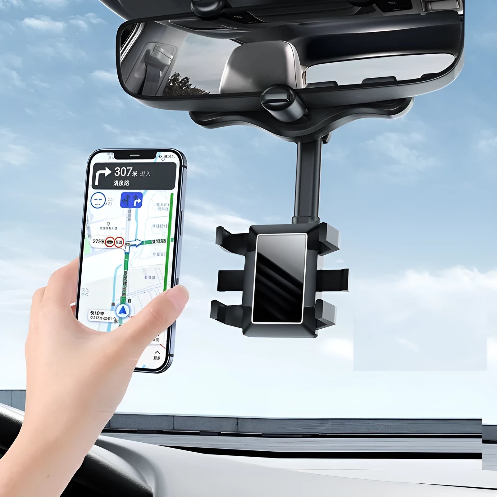 Adjustable left-right rotation navigation bracket mounted on car rearview mirror with smartphone