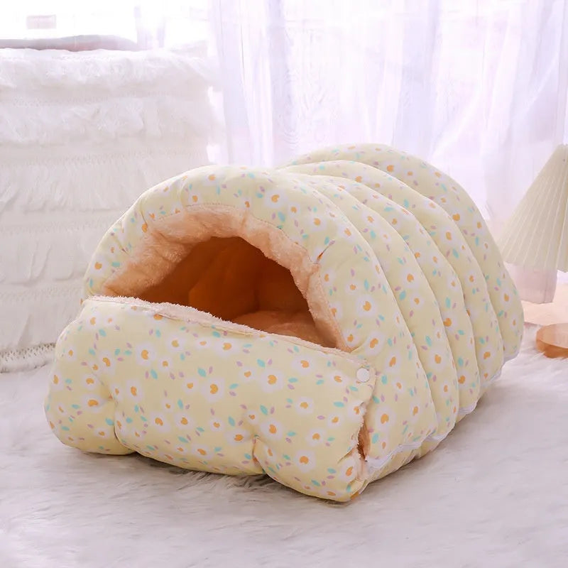 Closed winter cat nest with removable cloth cover in floral pattern