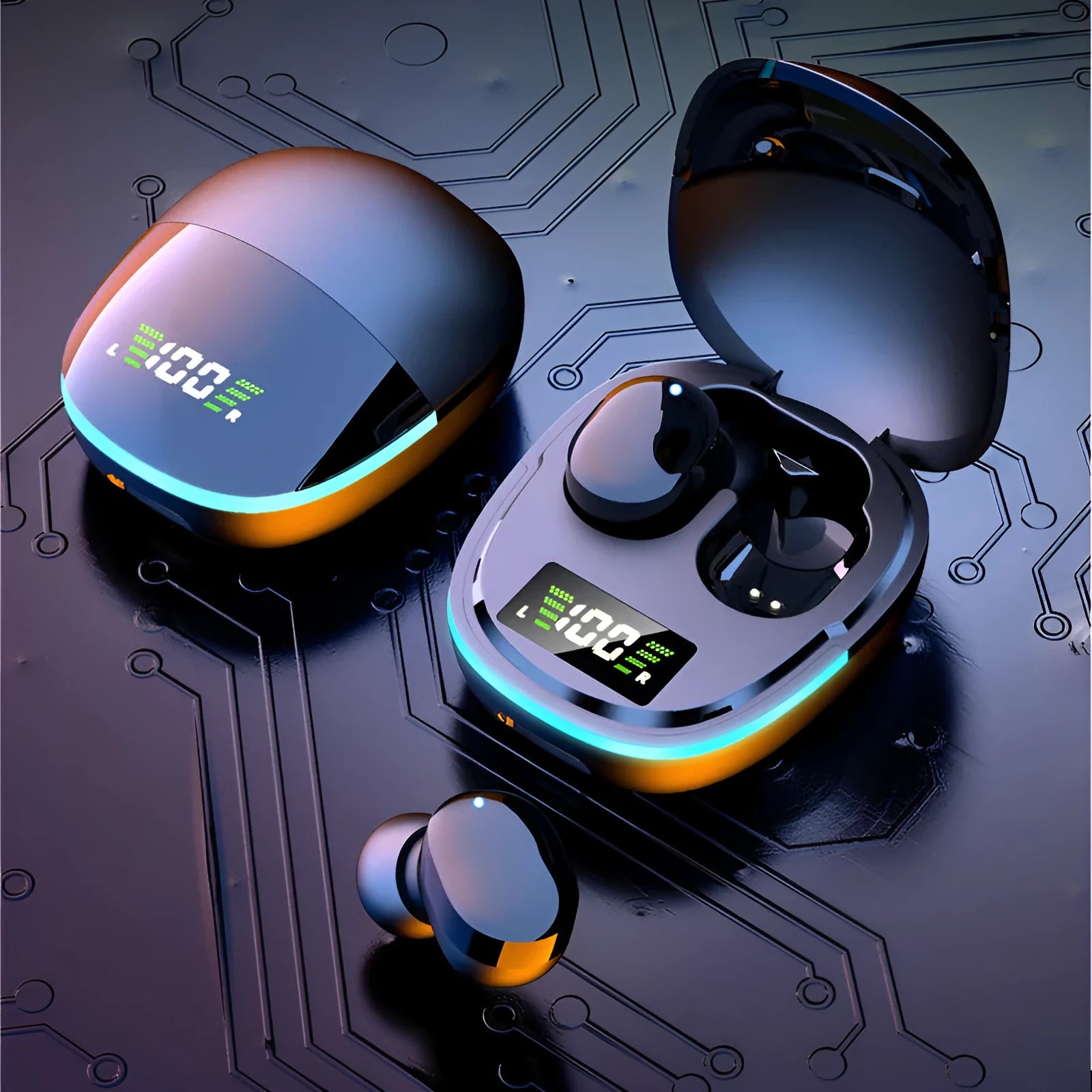 Black true wireless in-ear Bluetooth headphones with charging box showing digital battery display