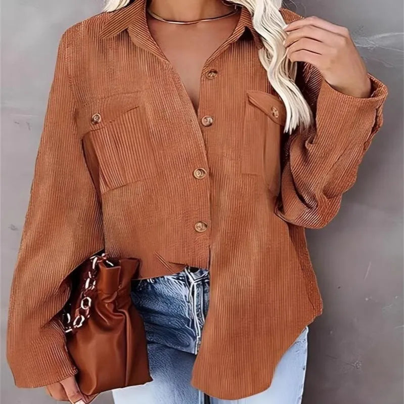 Women's corduroy loose coat with button front and patch pockets in solid colour
