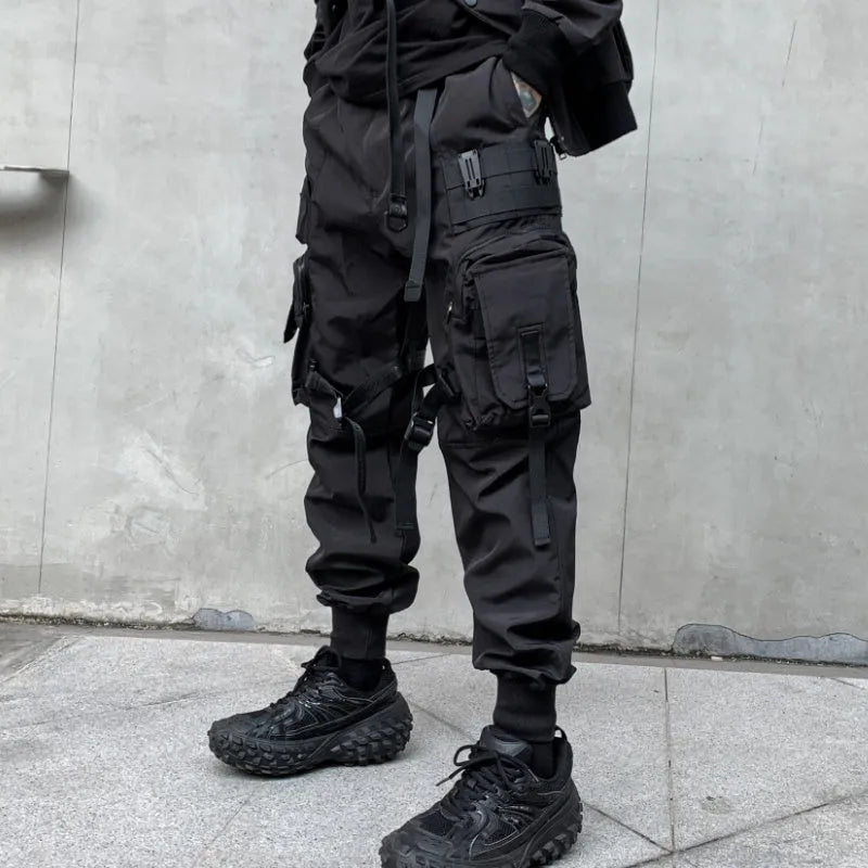 Men's black loose fit casual overalls with elasticated waist and binding hem, front view