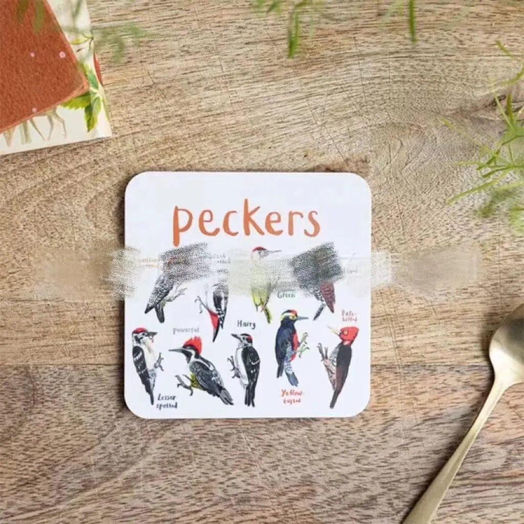 Set of six square PVC bird pun coasters with different bird chart designs on a table