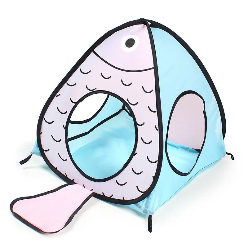 Foldable pet tent and cat tunnel three-piece set with cat and fish design
