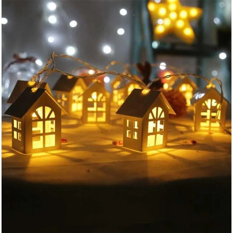 10 LED house-shaped warm white fairy light string on a 2-metre wire with battery and USB power options for Christmas or party decoration