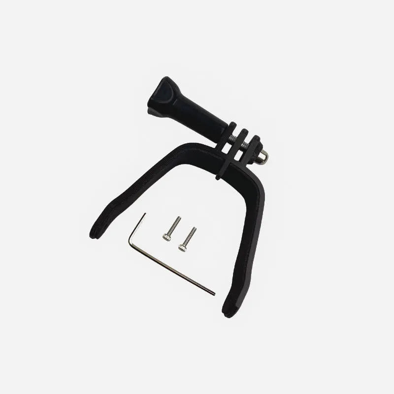 3D printed hard plastic FPV drone expansion bracket with soft sponge for top-mounting GoPro cameras.