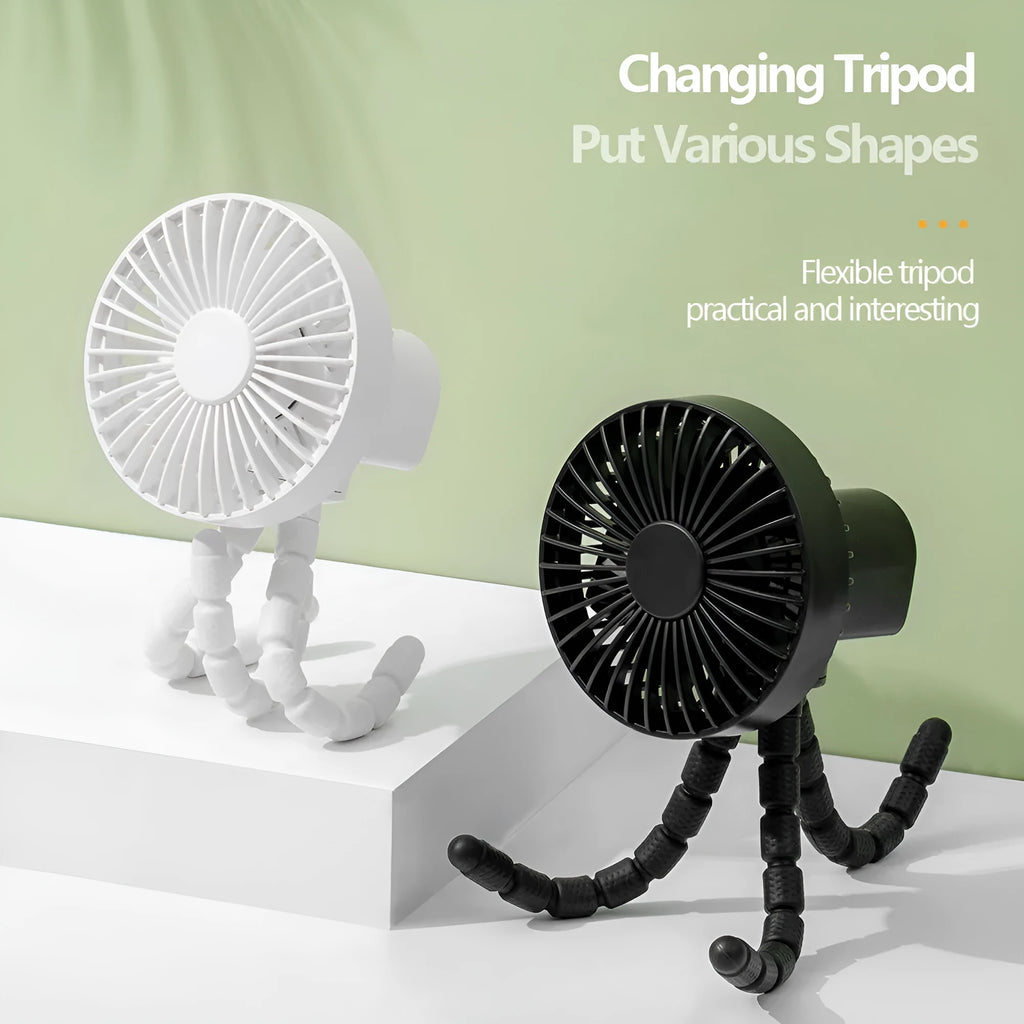 Black portable desktop fan with adjustable bending head and flexible octopus tripod legs.