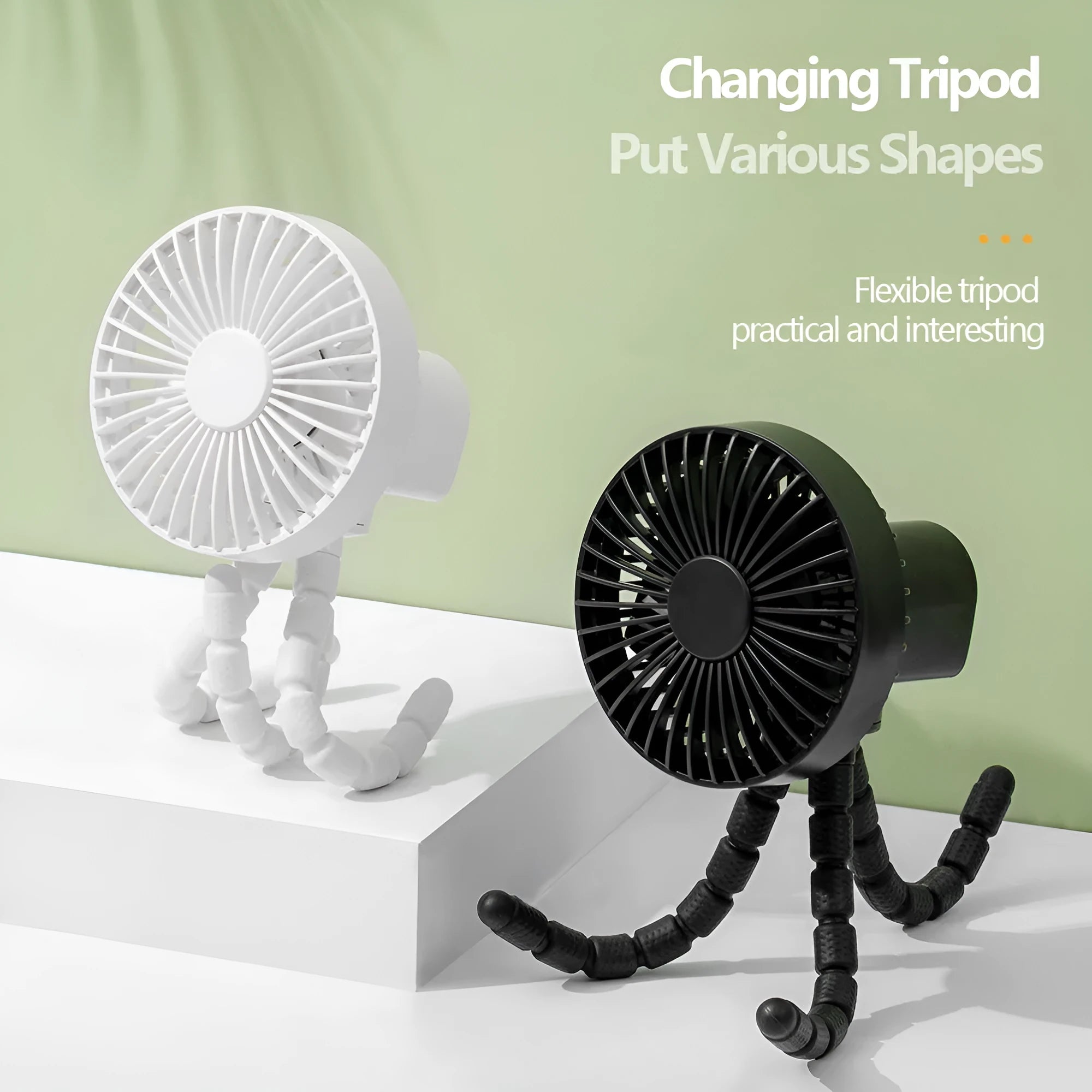 Black portable desktop fan with adjustable bending head and flexible octopus tripod legs.