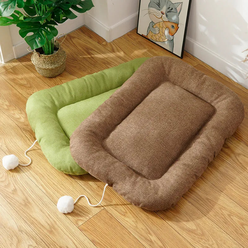 Brown and green universal dog cushion shown in four sizes for kennel sleeping and summer cooling