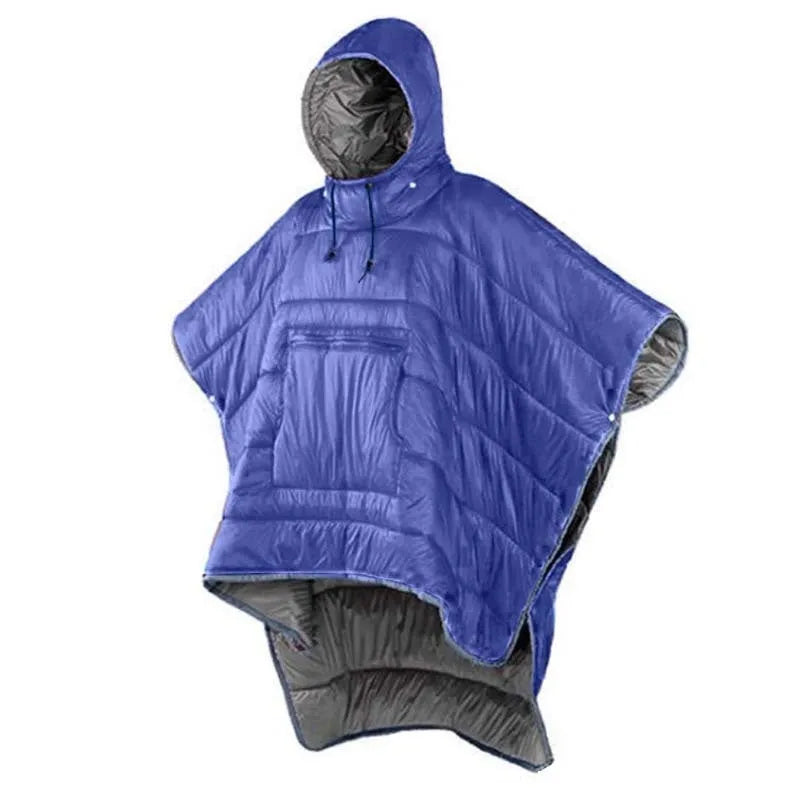 Outdoor wearable cloak sleeping bag in army green or grey, shown as a blanket and cape.
