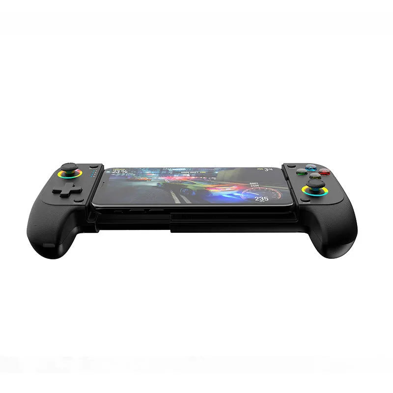 Black Bluetooth wireless game controller for mobile phones shown next to a smartphone