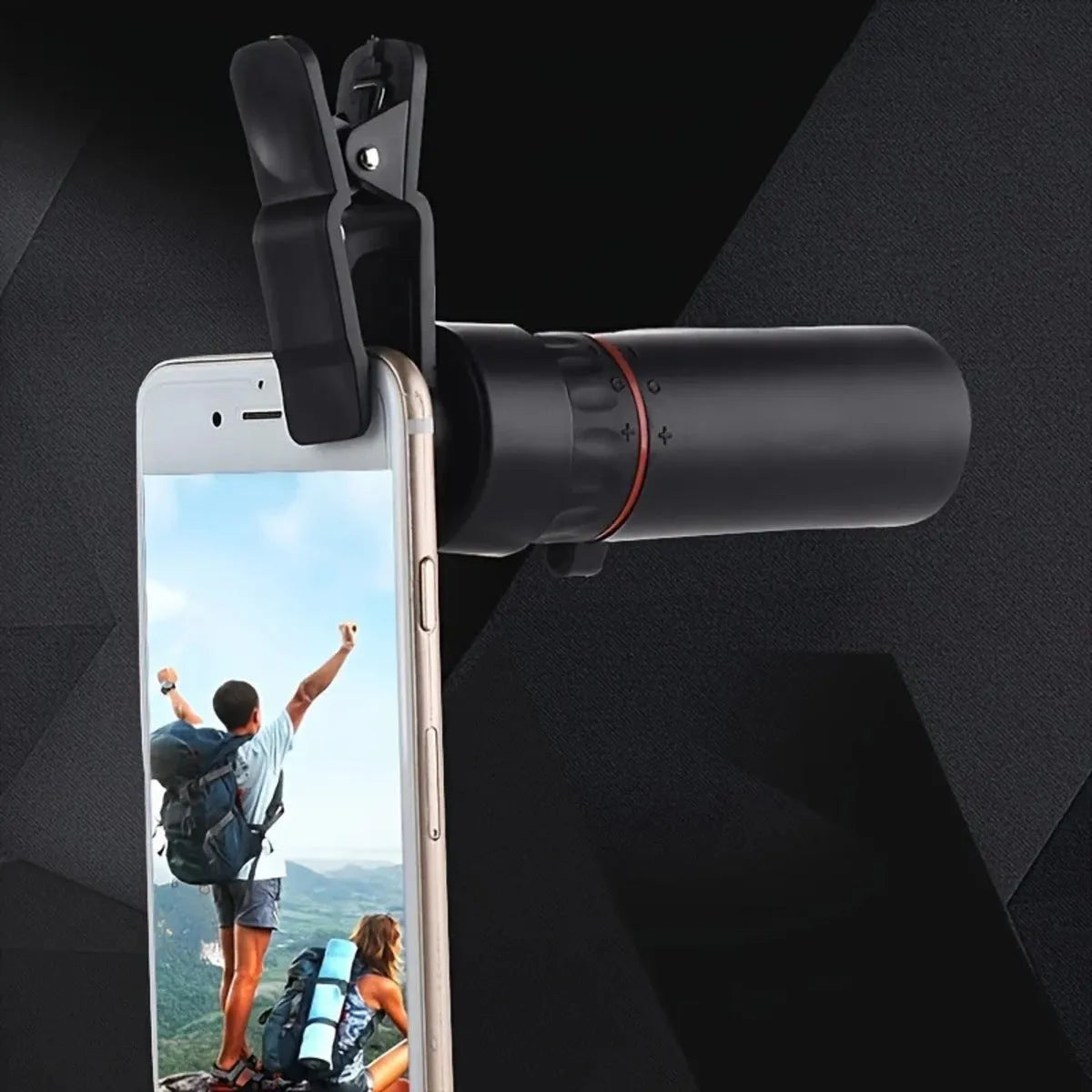 Black monocular telescope with mobile phone holder attached for outdoor observation