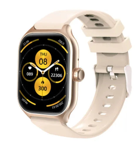 Black Bluetooth smart watch with touch screen and silicone strap on a wrist