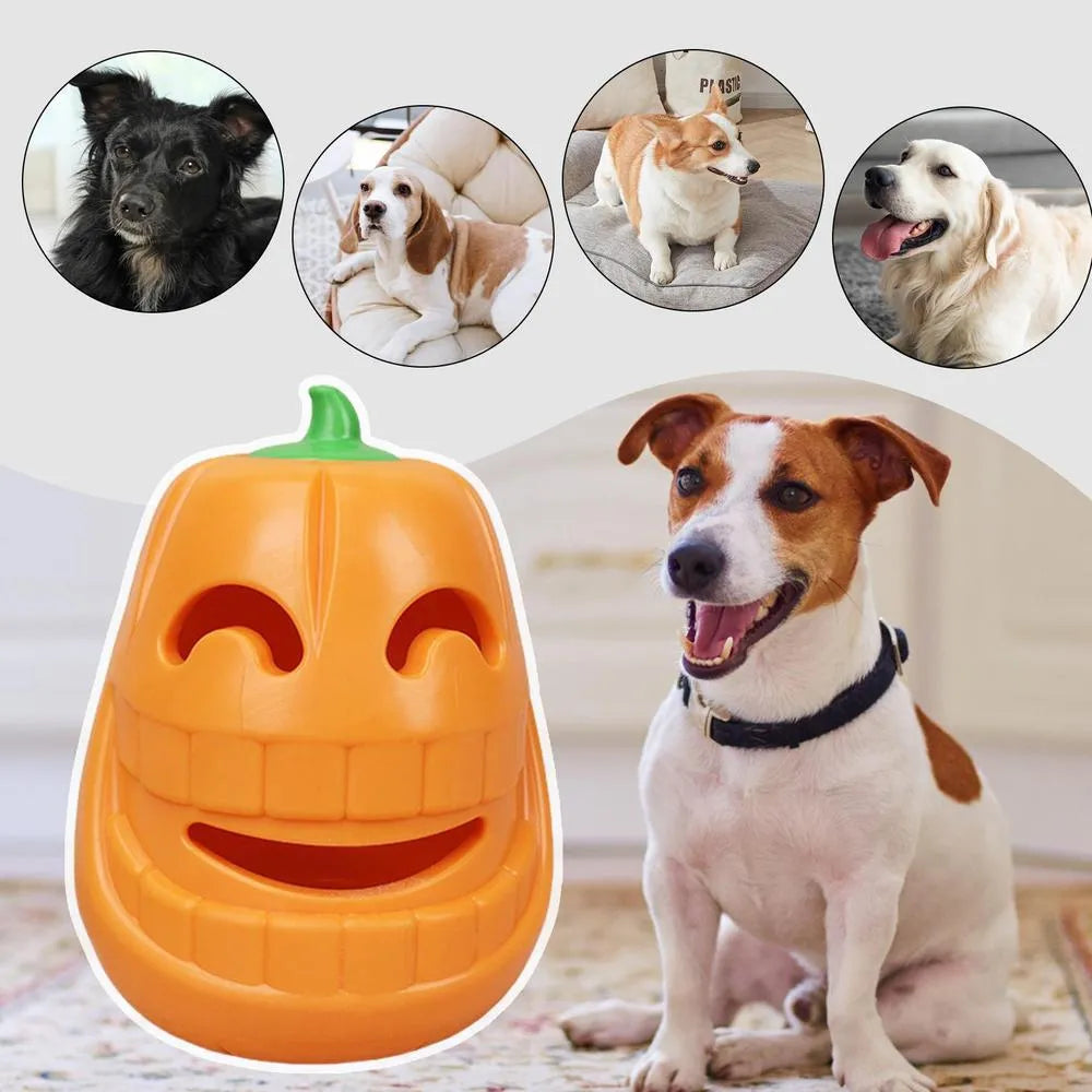 Yellow pumpkin-shaped tough TPR chew toy for dogs on a white background.