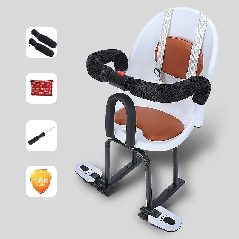 High carbon steel front safety seat for a child's battery scooter in black, red, or white