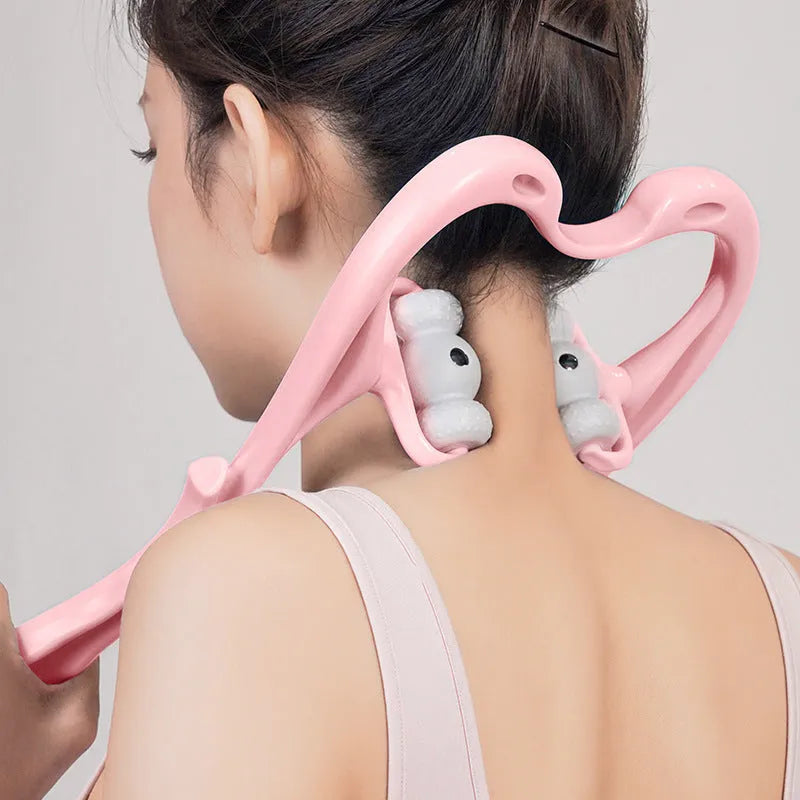 Blue handheld neck massager with 96 pressure point rollers showing 360-degree rotation mechanism