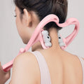 Blue handheld neck massager with 96 pressure point rollers showing 360-degree rotation mechanism