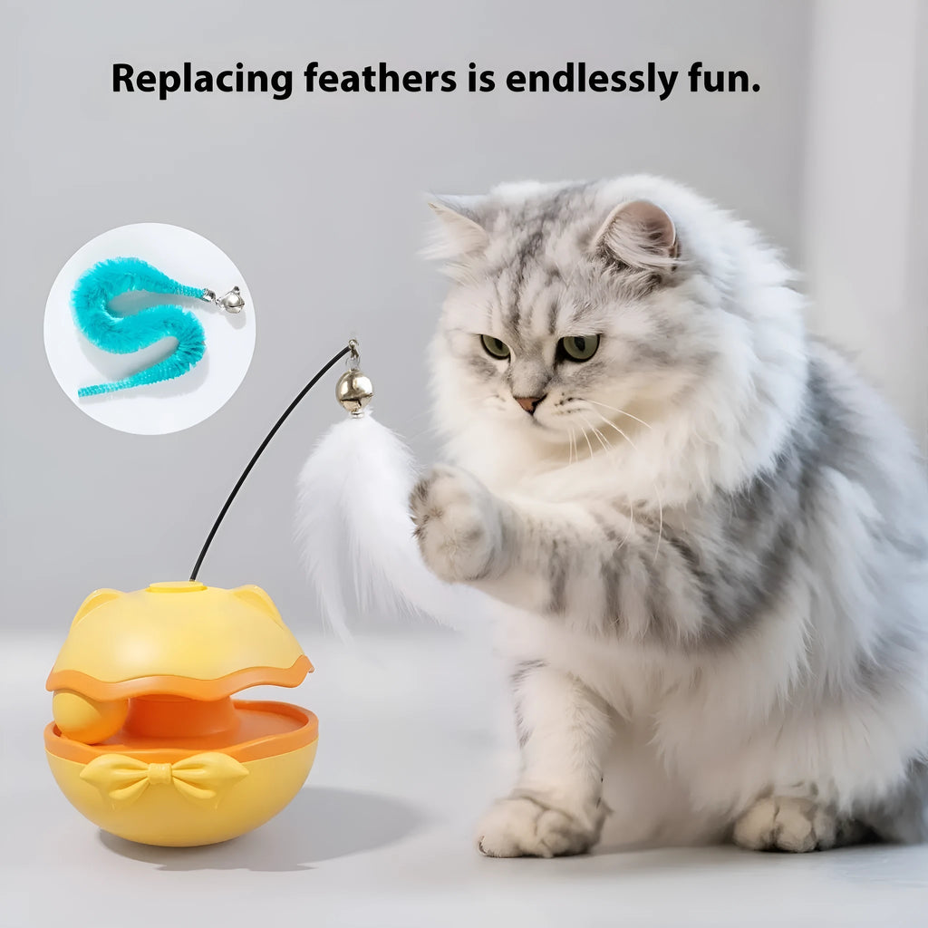 Electric plastic cat tumbler toy with a teasing stick in lemon yellow, blue, or grey.