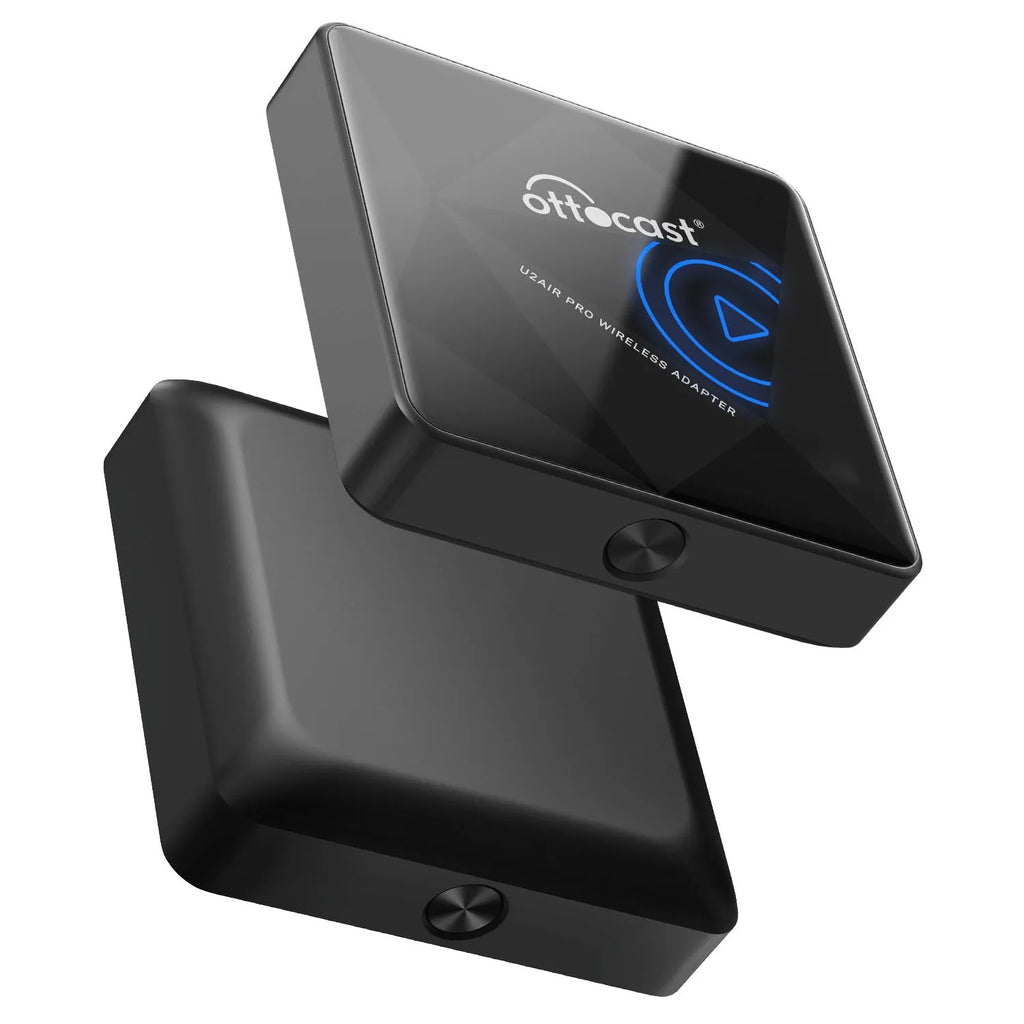 Black wireless car Bluetooth AIBOX box with Type-C port measuring 59x59x150mm