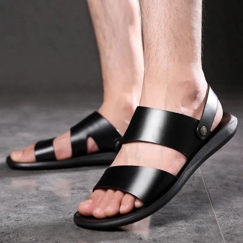 Men's casual beach sandals with cow split leather upper, open toe, and slingback strap in brown colour