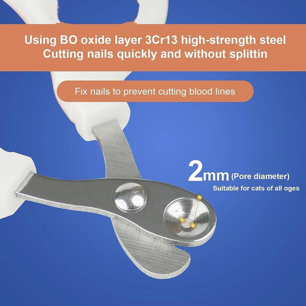Blue pet nail clippers with a circular guide hole and cushioned handles on a white surface.