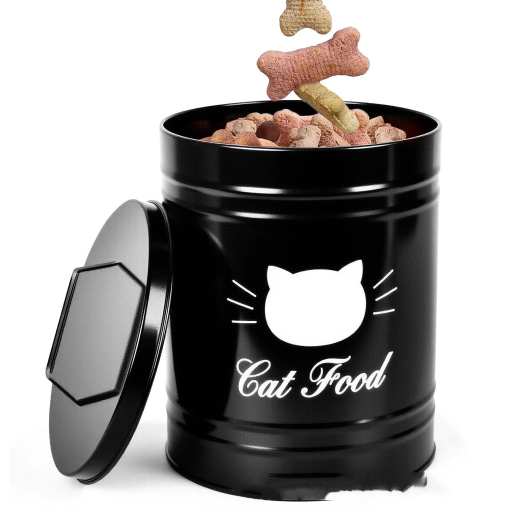 Round black iron sheet pantry storage canister with airtight lid for dry goods.