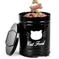 Round black iron sheet pantry storage canister with airtight lid for dry goods.
