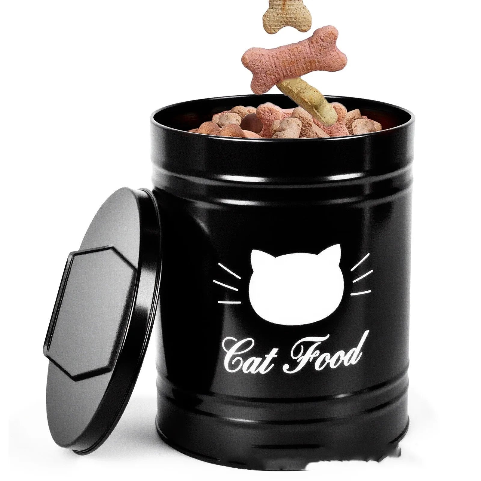 Round black iron sheet pantry storage canister with airtight lid for dry goods.
