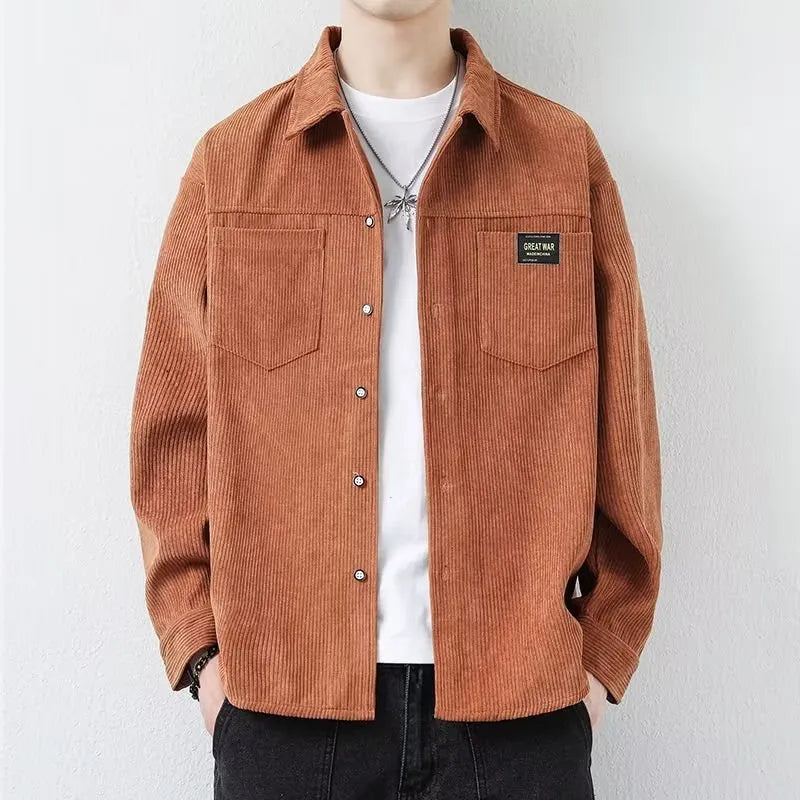 Men's corduroy cardigan jacket in black, dark grey, khaki, or orange with long sleeves