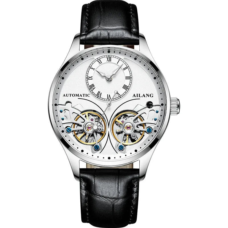 Automatic men's watch with tourbillon and moon phase on a round black dial in a titanium case.