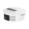 White HD home theatre projector with remote control showing 720p resolution display