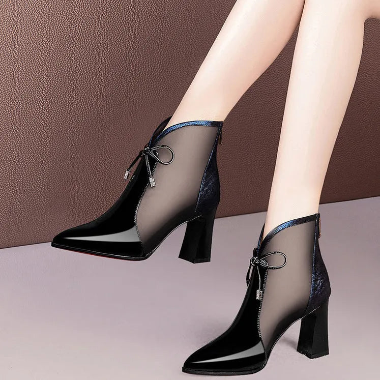 Patent leather mesh high heel boots in burgundy with pointed toe and back zipper