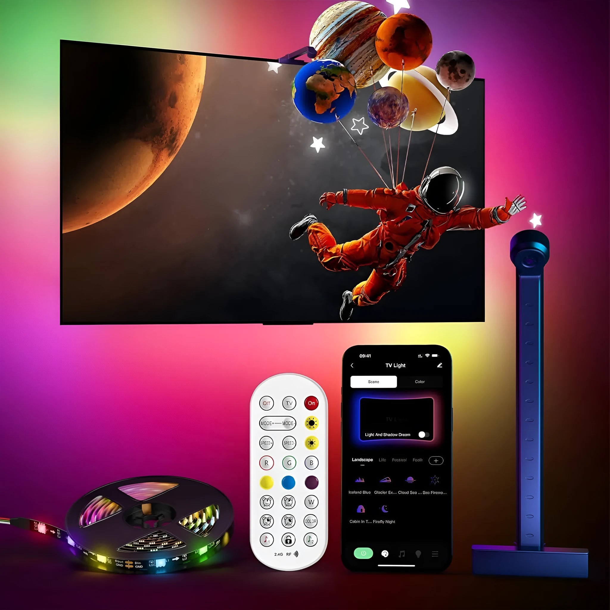 5 metre RGB ambience light strip with screen synchronisation for computer gaming rooms