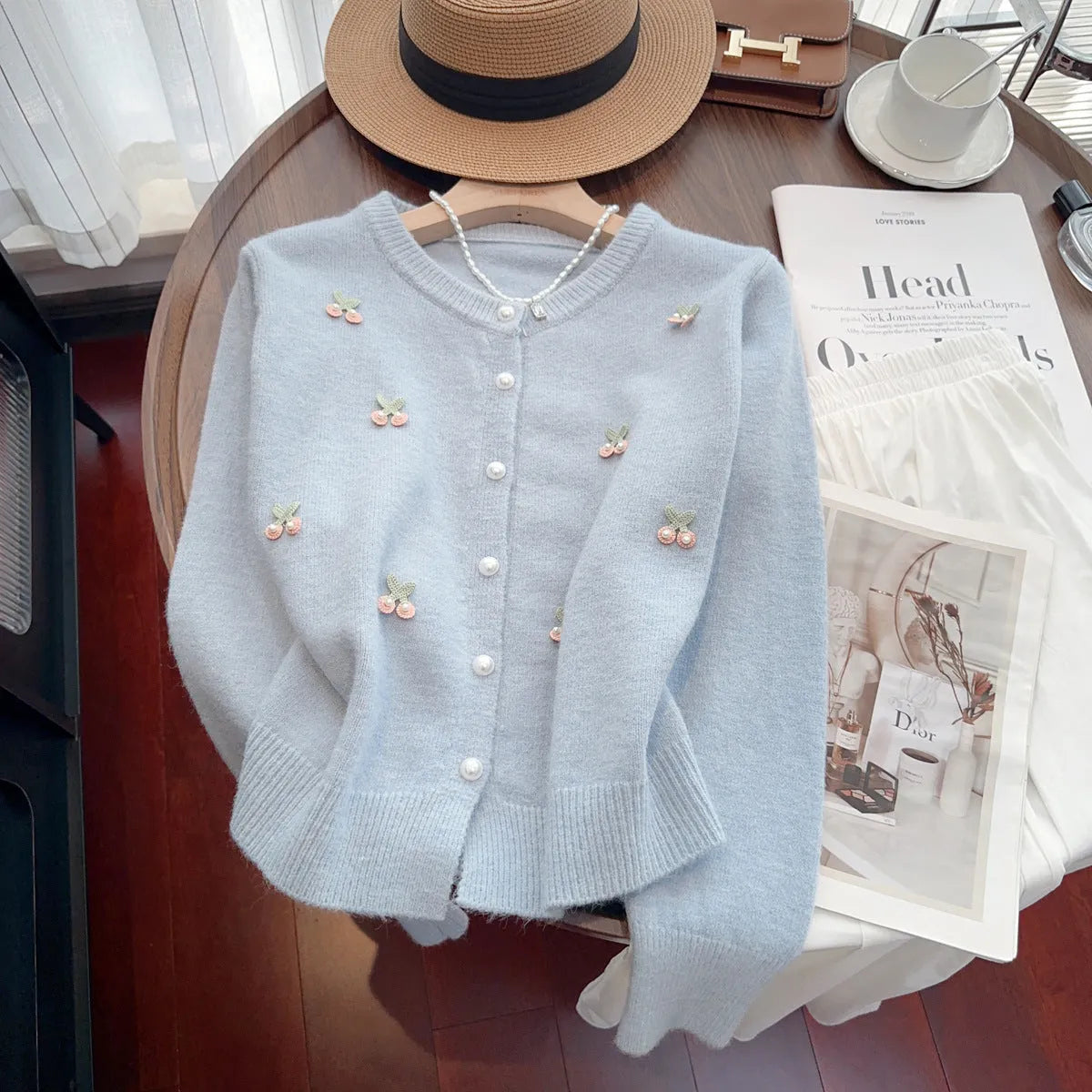 Soft cashmere blend cardigan sweater coat for women in free size 80-120 with beaded embellishments and round neck