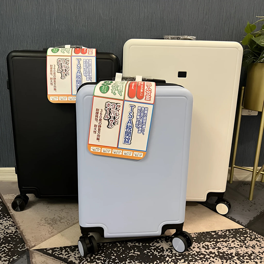 Ultra-light mute universal wheel draw-bar luggage in ABS PC material, 20 inch, black colour, shown on floor