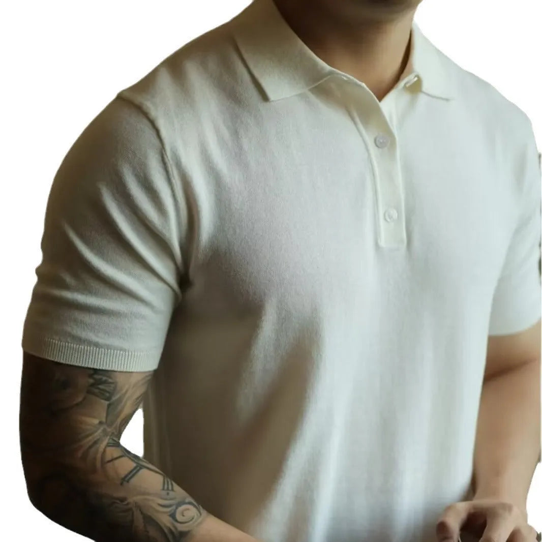 Men's ice silk and cotton blend polo shirt with knitted collar, short sleeves, shown in multiple colour options.