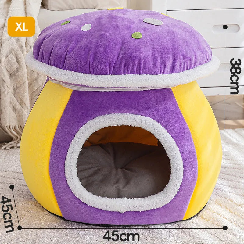 Grey mushroom-shaped plush cat nest bed for pets on a white background.