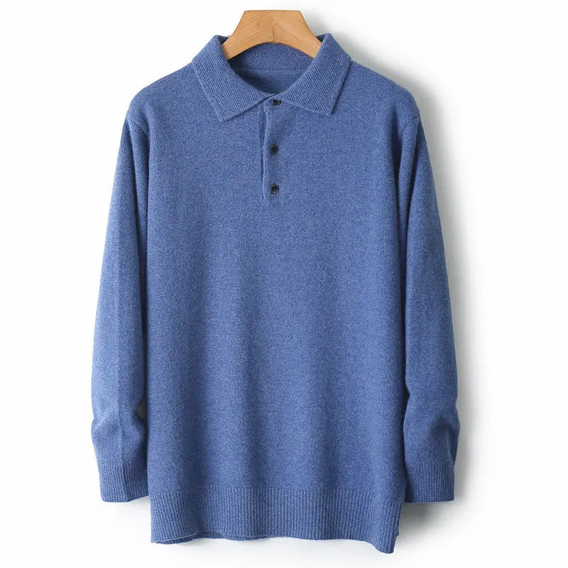 Men's wool pullover sweater with a polo collar in various colours on a size chart background.