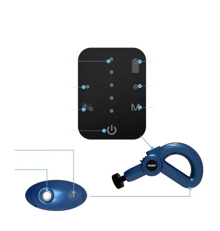 Black intelligent muscle massage gun with multiple massage heads for hot and cold compress therapy