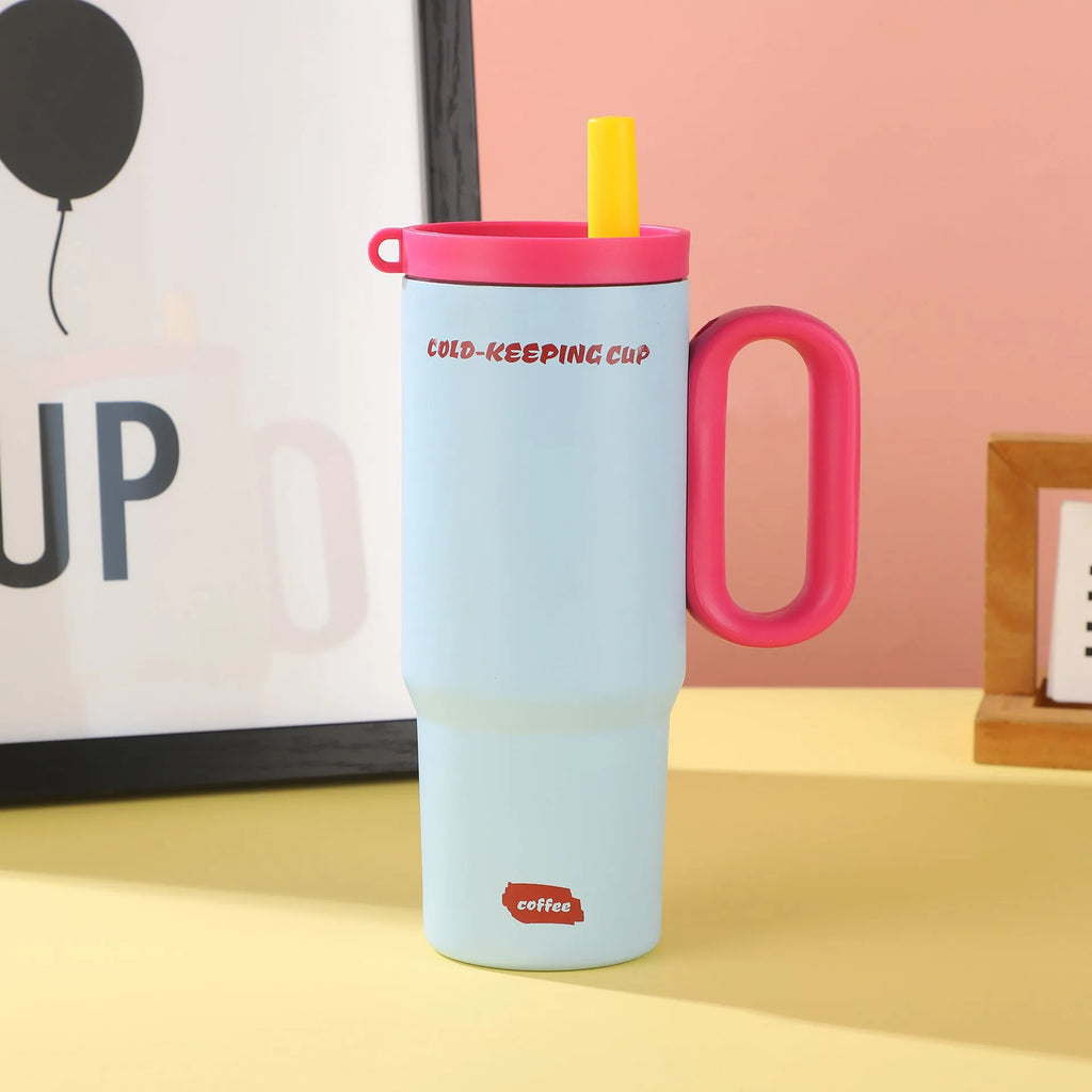 Insulated plastic straw cup with carry handle in five colour options showing 700ml capacity