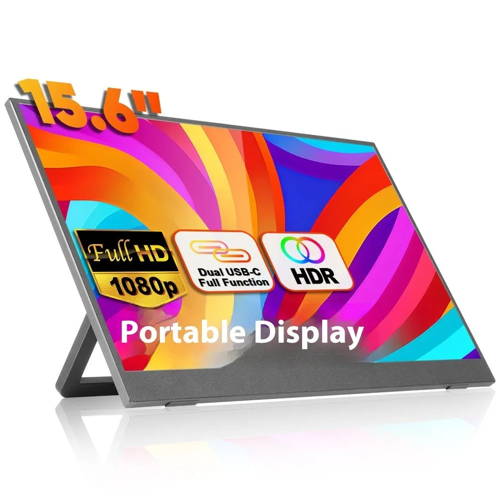 15.6-inch black portable monitor with adjustable stand on desk