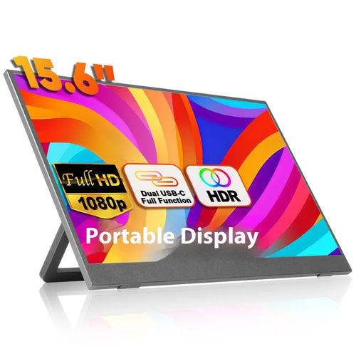 15.6-inch black portable monitor with adjustable stand on desk