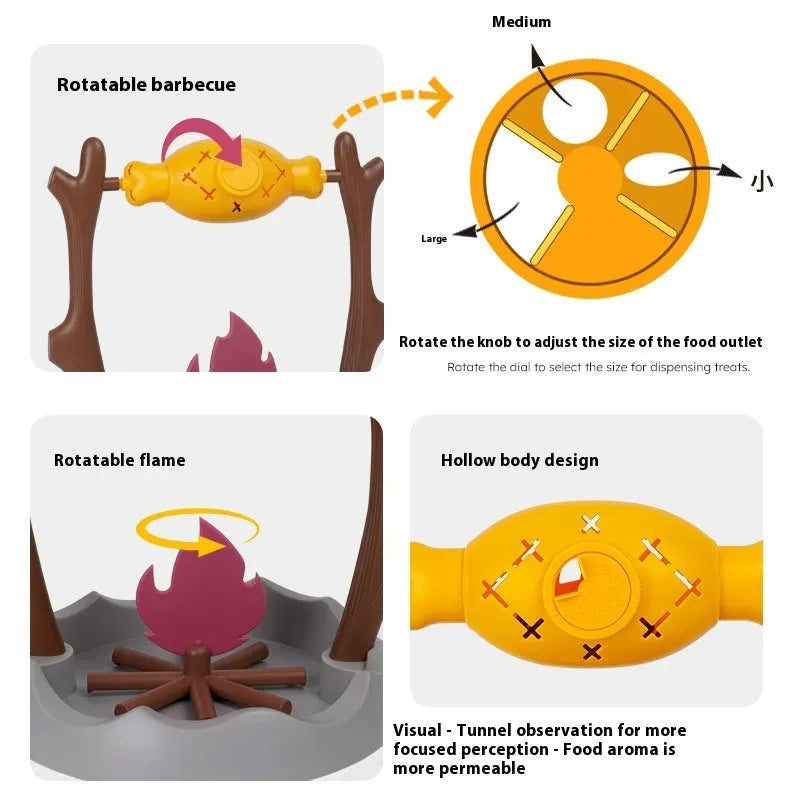 Barbecue-themed tumbling plastic cat food feeder toy for interactive play and slow feeding.