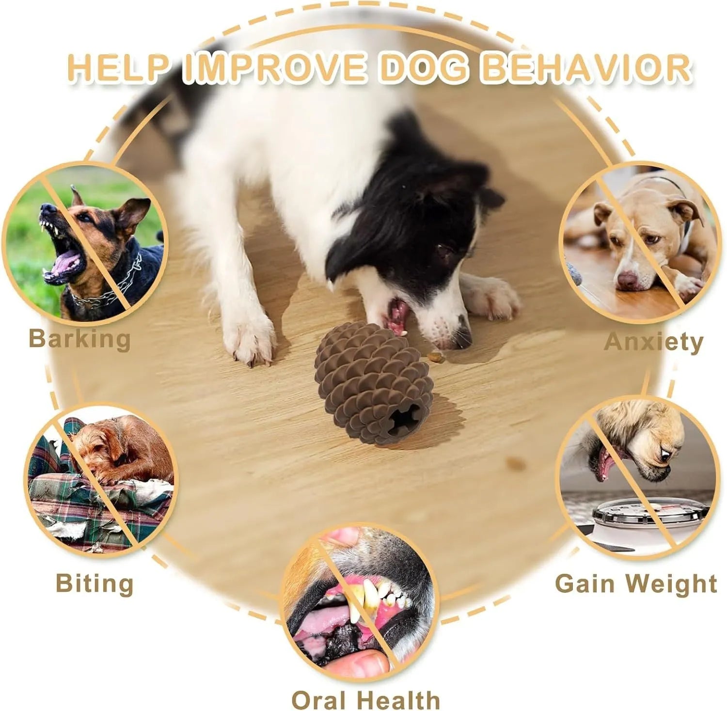 Yellow pine cone shaped natural rubber dog toy with treat dispenser for large dogs.