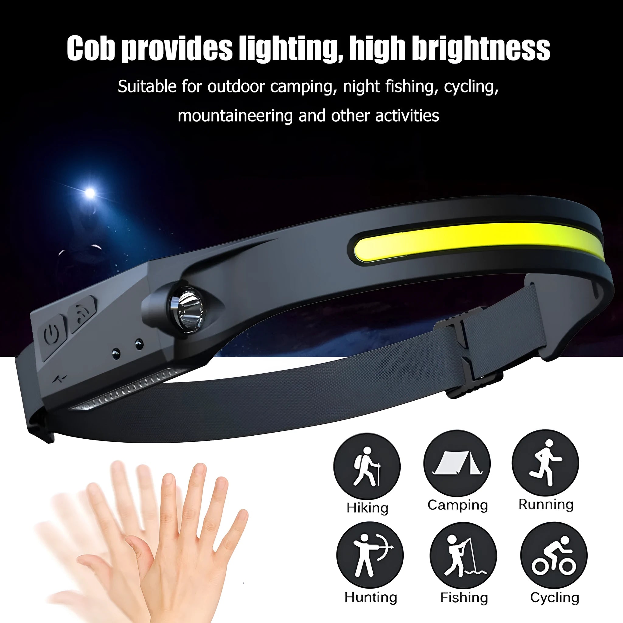 Black silicone USB rechargeable headlamp with side wave sensor and dual LED lights for wide and long-distance illumination.