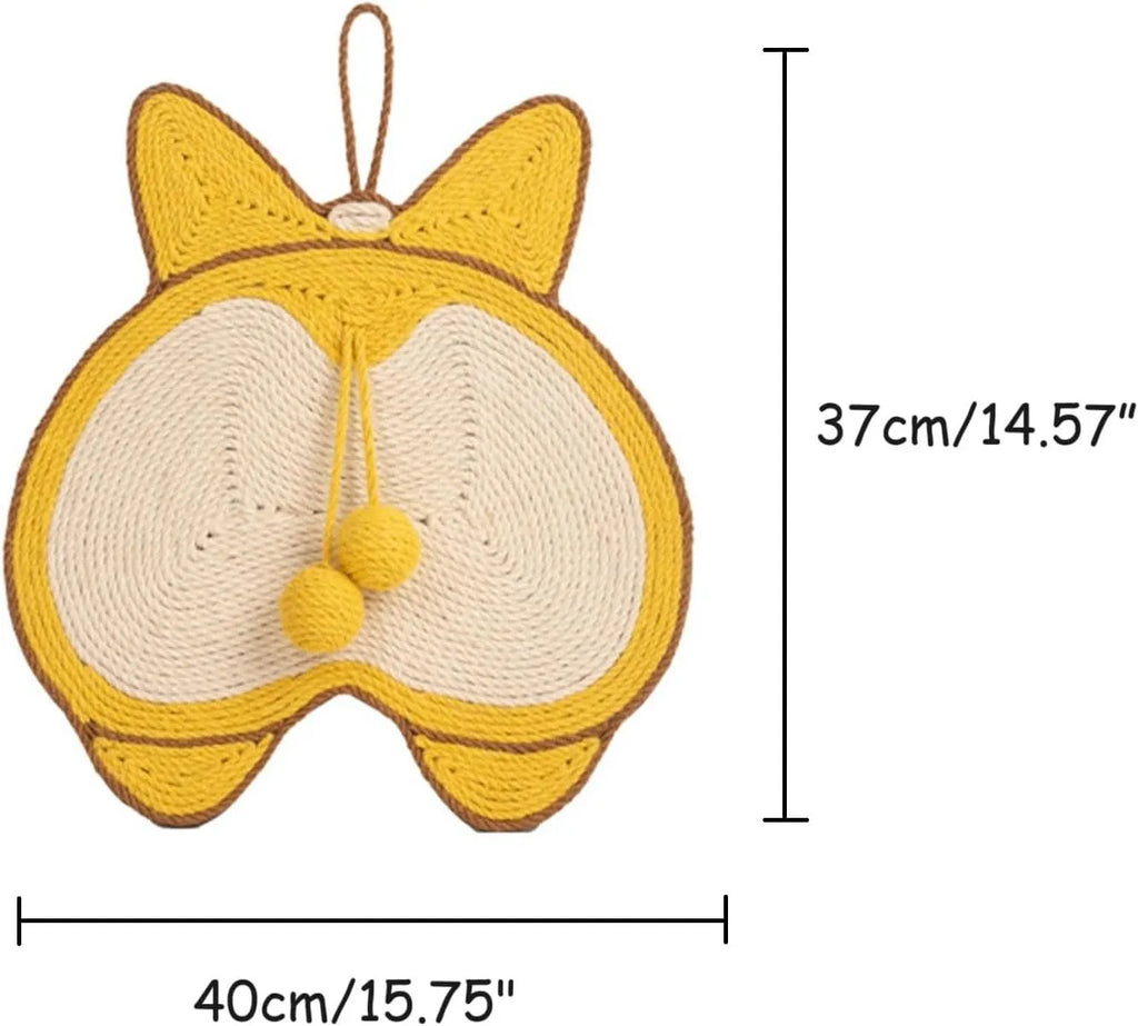 Yellow Corgi butt design sisal cat scratching board with anti-slip base and adhesive hooks